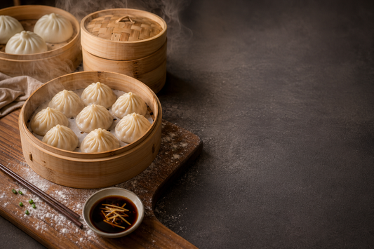Finished soup dumplings and Chinese steamed buns in bamboo steamers with dipping sauce