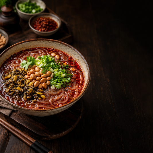 Finished Chongqing hot and sour sweet potato noodles with chili oil, peanuts, pickled vegetables, and scallions