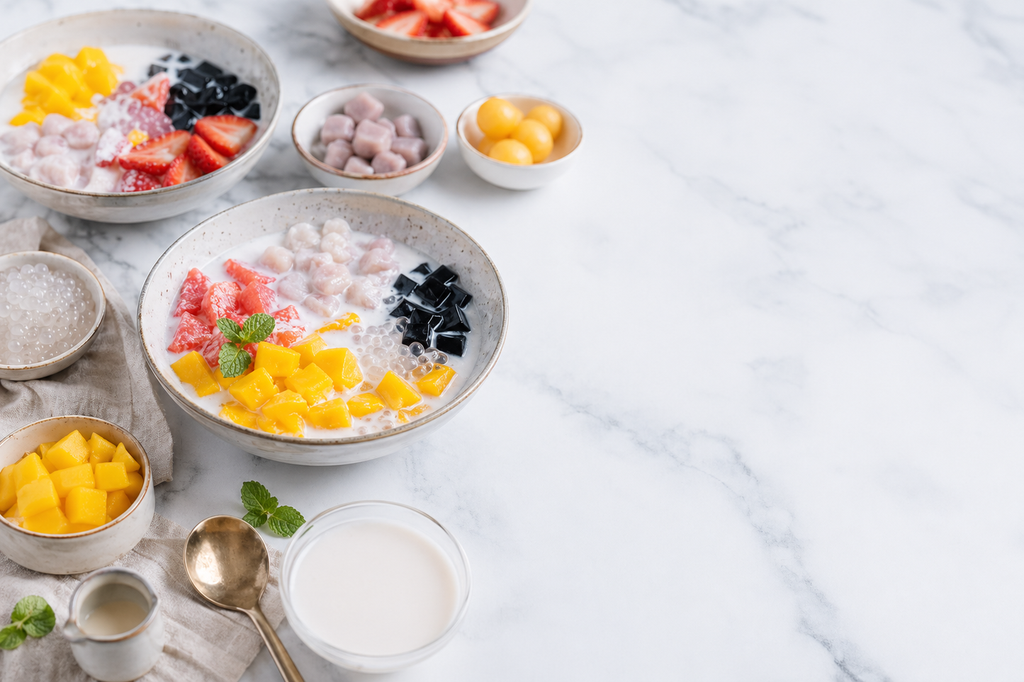 Finished Chinese fruit dessert bowls with mango sago, coconut milk, taro balls, jelly, and fruit toppings