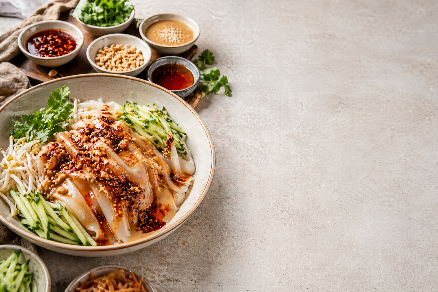 Finished Liangpi and Mipi cold noodles with chili oil, sesame sauce, cucumber, and cold noodle toppings