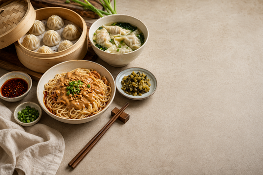 Finished Shaxian-style wontons, peanut noodles, and steamed dumplings served as a Chinese snack meal