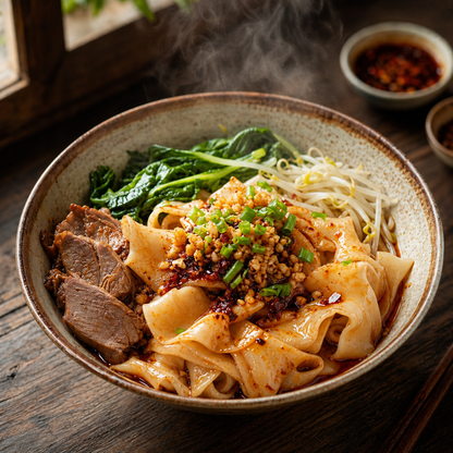 Finished Shaanxi oil-splashed noodles with chili oil, greens, and braised pork