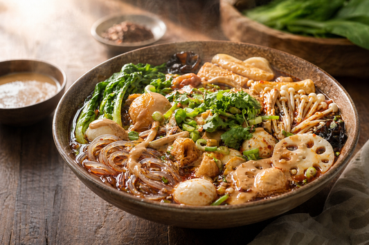 Finished Shaanxi oil-splashed noodles with chili oil, greens, and braised pork