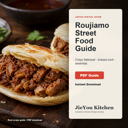 Roujiamo: Crispy Flatbread & Braised Pork Street Food Guide PDF guide cover for instant digital download