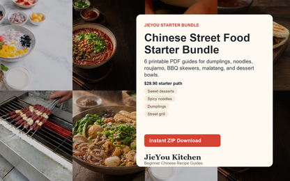 JieYou Chinese Street Food Starter Bundle wide digital guide preview with finished noodle bowl