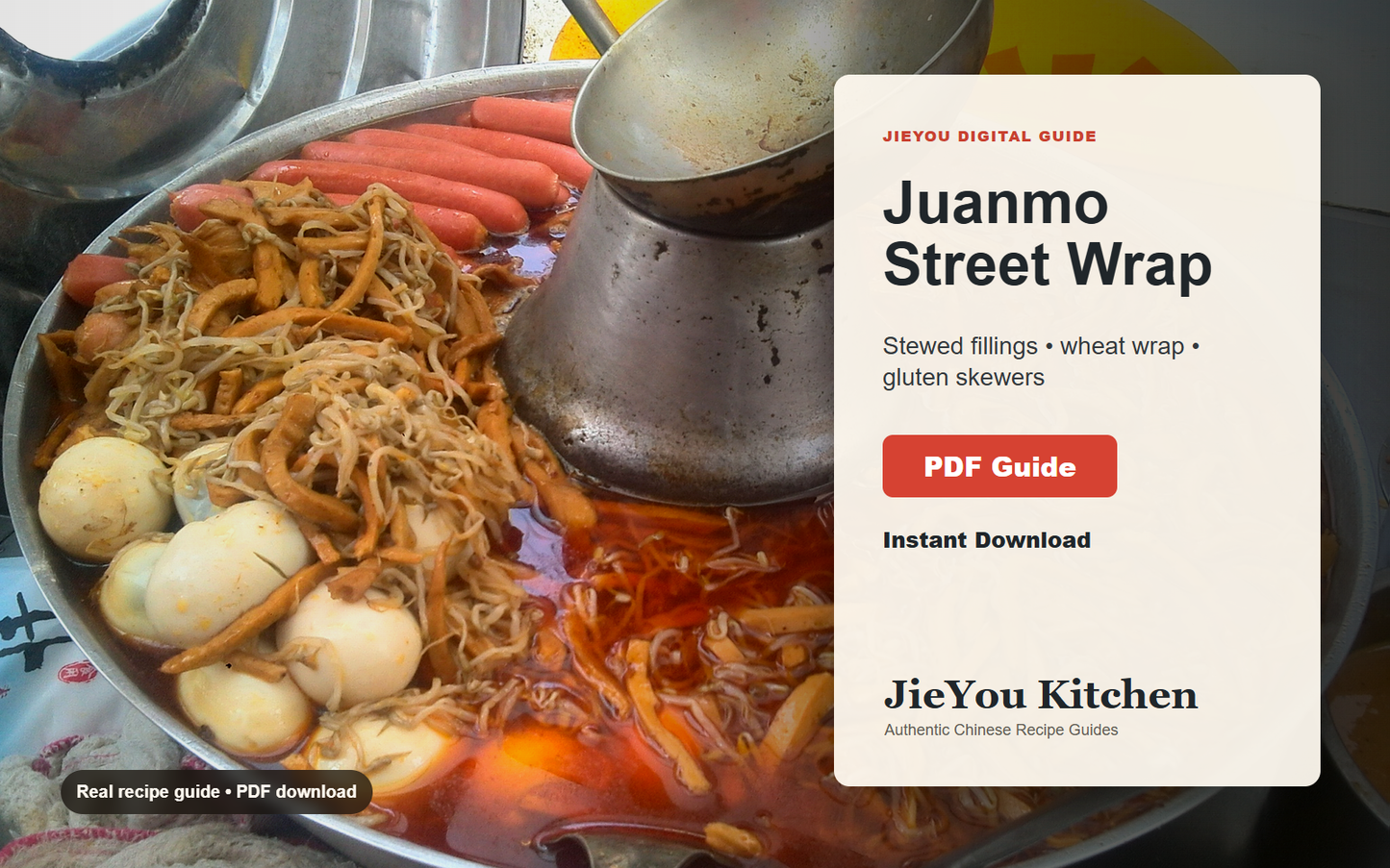 Liang San Juanmo Street Wrap & Gluten Skewer Guide wide digital guide preview with finished noodle bowl