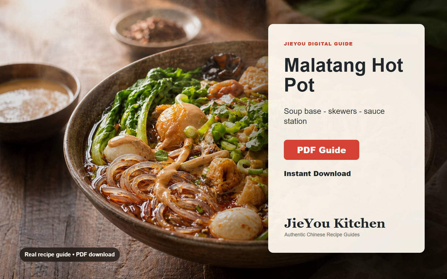 Malatang Hot Pot Bowl & Sauce Starter Guide wide digital guide preview with finished noodle bowl