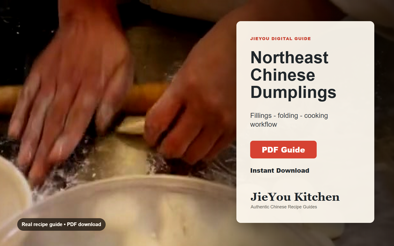 Northeast Chinese Dumplings: Fillings, Folding & Cooking Guide wide digital guide preview with finished noodle bowl