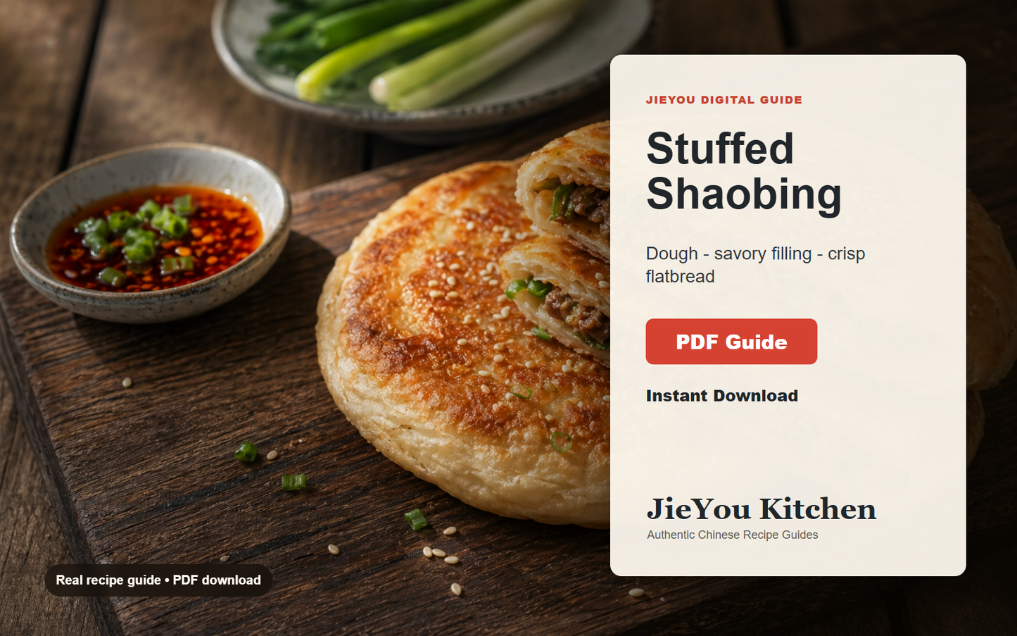 Chinese Stuffed Shaobing Flatbread Guide wide digital guide preview with finished noodle bowl