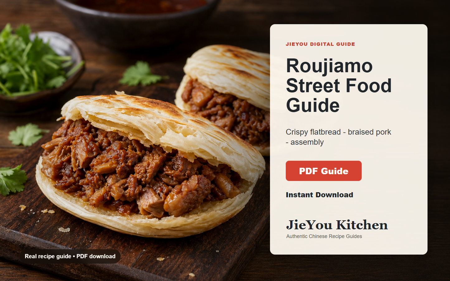Roujiamo: Crispy Flatbread & Braised Pork Street Food Guide wide digital guide preview with finished noodle bowl