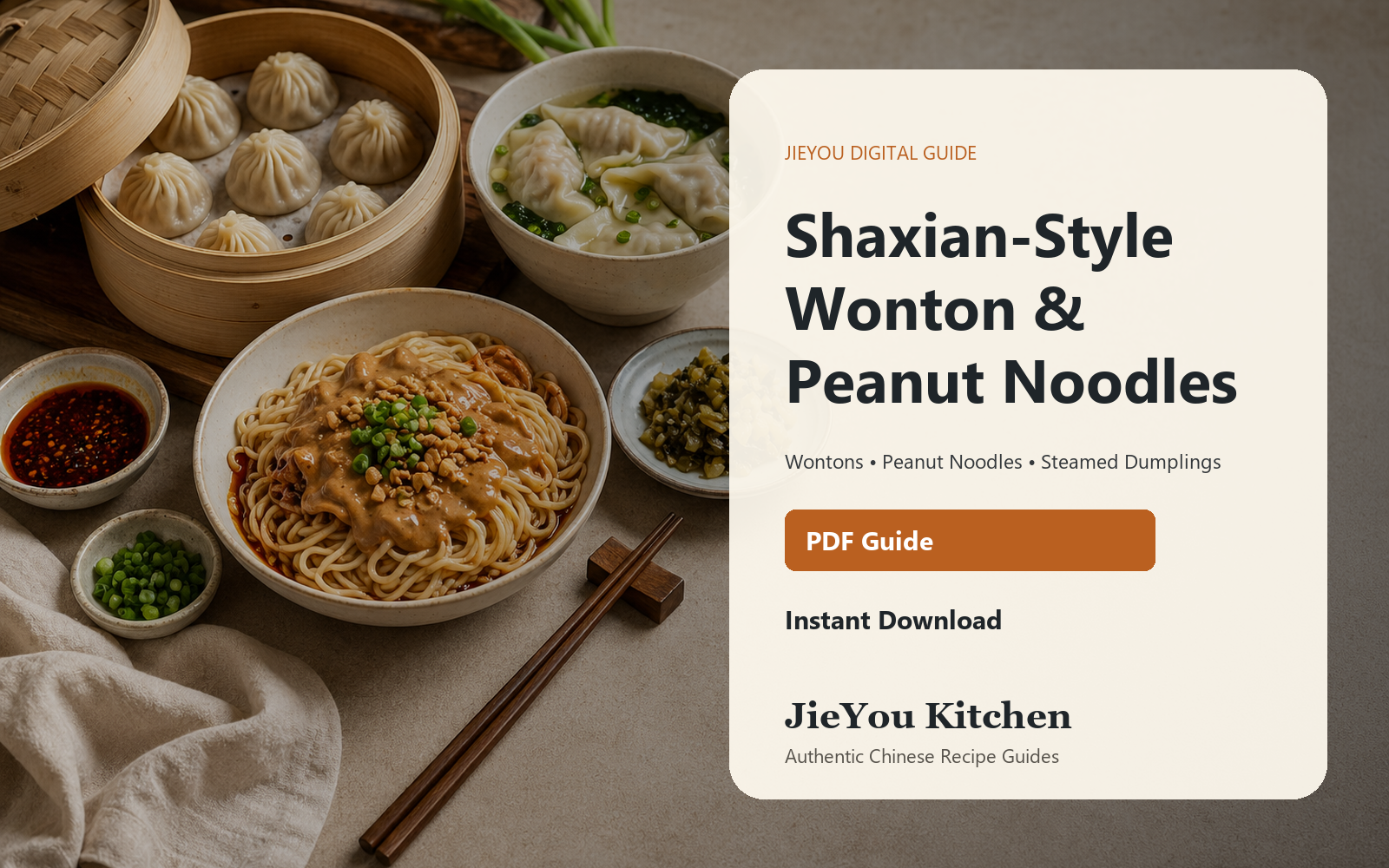 Shaxian-Style Wonton, Peanut Noodles & Steamed Dumplings Pack digital guide preview with food photography and PDF cover